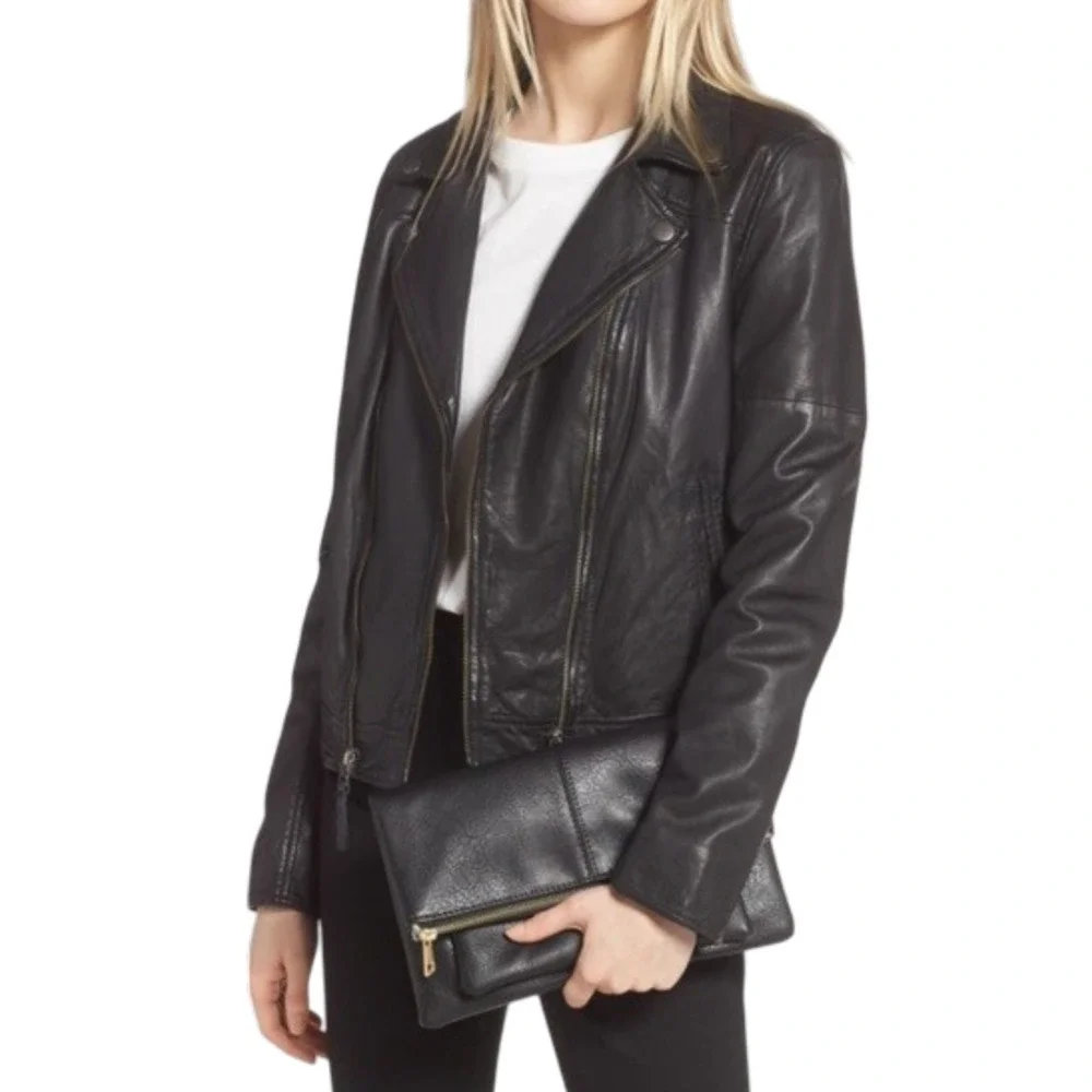 Sole Society Lalet Fold Over Vegan Leather Clutch Zip Top Closure Black‎